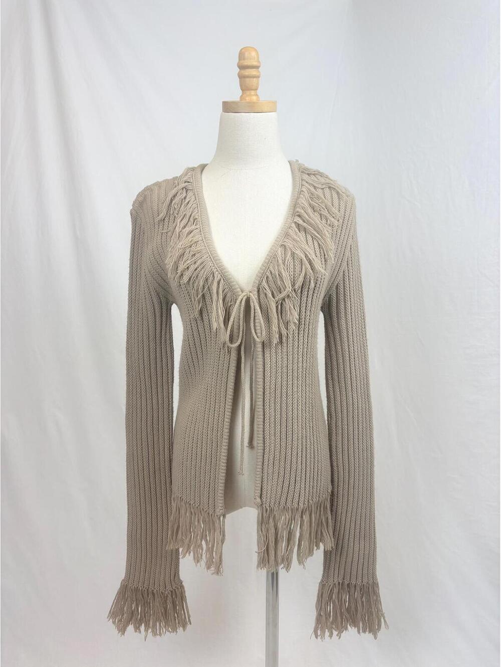 Vintage 90s y2k Taupe Tie-Front Chunky Cardigan with Fringe Medium Mandee